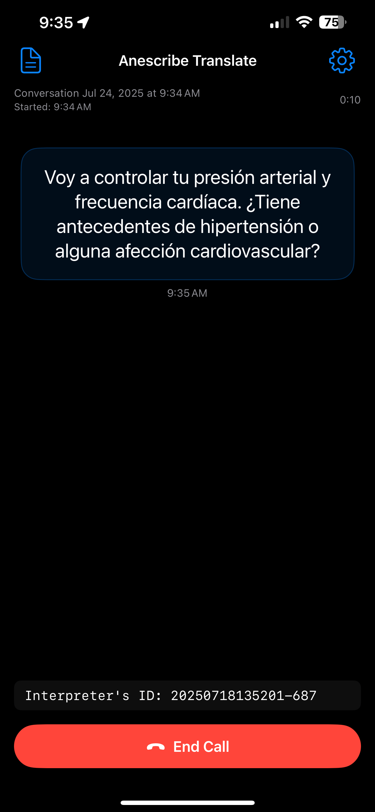 Aneslate app showing real-time medical translation from Spanish to English