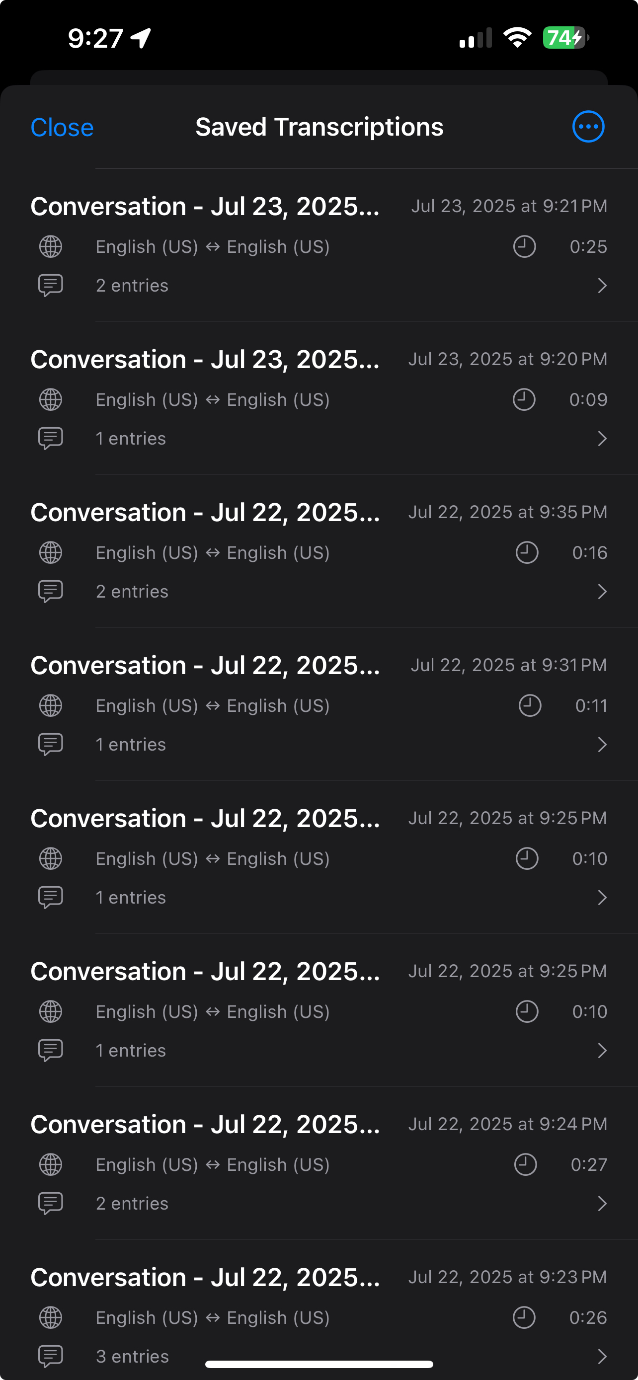Aneslate saved transcriptions screen showing conversation history